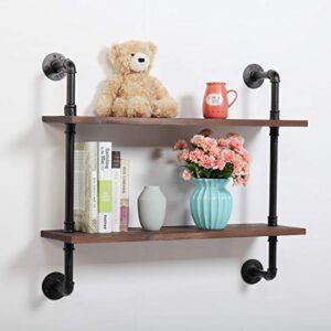 Pipe Floating Shelves, 2-Tiers Industrial Pipe Wall Shelves Bookshelf, Rustic Wall Mount Corner Shelf with Metal Frame, Storage Shelves for Bathroom, Bedroom, Kitchen, Living Room