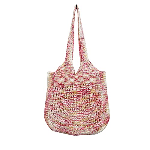 Womens Crocheted Tote Bag Aesthetic Knitted Shoulder Handbag Purse Cute Hobo Bag Boho Shopping Bag(Red Tie Dye)