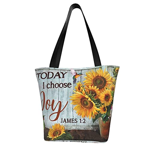 Aesthetic Tote Bag for Women, Lovely Sunflower Hummingbird Today I Choose Joy Shoulder Handbag, Inspirational Shopping Bags for Work Travel Business Beach School