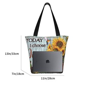 Aesthetic Tote Bag for Women, Lovely Sunflower Hummingbird Today I Choose Joy Shoulder Handbag, Inspirational Shopping Bags for Work Travel Business Beach School