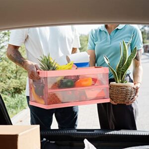 Transparent Storage Container Collapsible Storage Box with Lid Plastic Storage Bin Toy Organizer Stackable Book Box Clear Folding Utility Crate Tote Closet Shelf Basket - Pink