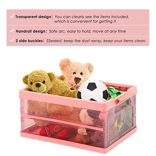 Transparent Storage Container Collapsible Storage Box with Lid Plastic Storage Bin Toy Organizer Stackable Book Box Clear Folding Utility Crate Tote Closet Shelf Basket - Pink