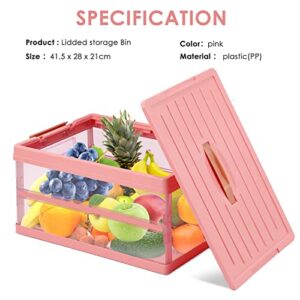 Transparent Storage Container Collapsible Storage Box with Lid Plastic Storage Bin Toy Organizer Stackable Book Box Clear Folding Utility Crate Tote Closet Shelf Basket - Pink