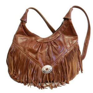 finstores women’s designer leather fringe hobo bag shoulder handbags purse | brown