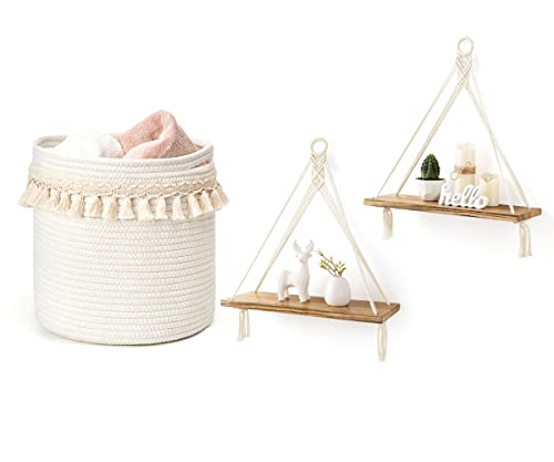 Mkono Macrame Decorative Basket Wall Haning Shelves Boho Nursery Decor