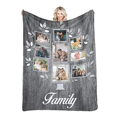 Custom Personalized Family Tree Blanket with Photos Collage Text, Customized Picture Throw Blankets for Adults Mom Dad Birthday(9 Photos,50"x60")