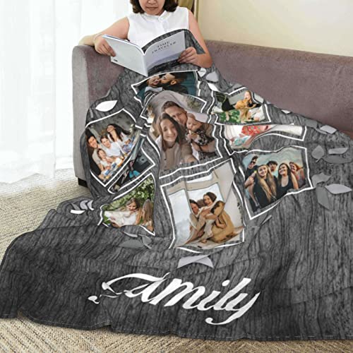 Custom Personalized Family Tree Blanket with Photos Collage Text, Customized Picture Throw Blankets for Adults Mom Dad Birthday(9 Photos,50"x60")