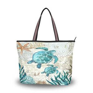 turtle turquoise retro map ocean summer large tote bags women summer handbags with zipper shopper bag for graduate gifts teenager girls