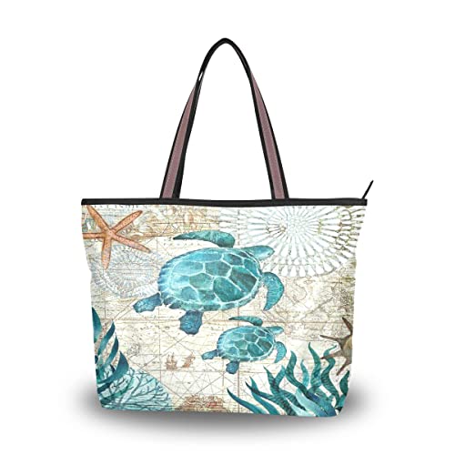 Turtle Turquoise Retro Map Ocean Summer Large Tote Bags Women Summer Handbags with Zipper Shopper Bag for Graduate Gifts Teenager Girls