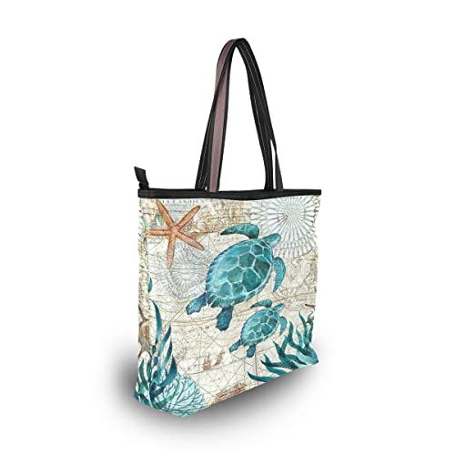 Turtle Turquoise Retro Map Ocean Summer Large Tote Bags Women Summer Handbags with Zipper Shopper Bag for Graduate Gifts Teenager Girls