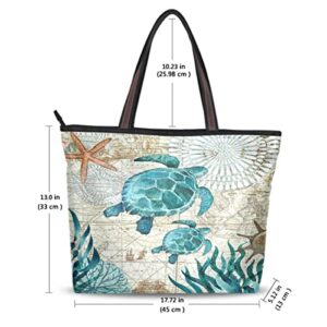 Turtle Turquoise Retro Map Ocean Summer Large Tote Bags Women Summer Handbags with Zipper Shopper Bag for Graduate Gifts Teenager Girls