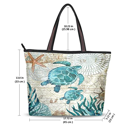 Turtle Turquoise Retro Map Ocean Summer Large Tote Bags Women Summer Handbags with Zipper Shopper Bag for Graduate Gifts Teenager Girls