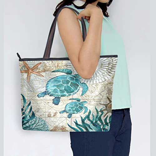 Turtle Turquoise Retro Map Ocean Summer Large Tote Bags Women Summer Handbags with Zipper Shopper Bag for Graduate Gifts Teenager Girls