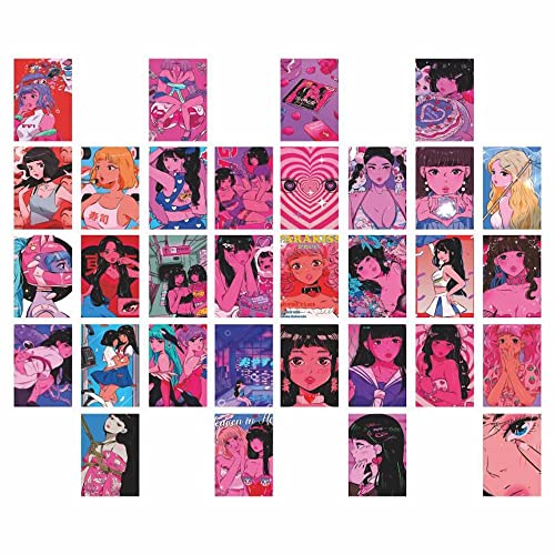 JHTPSLR Wall Collage Kit Aesthetic Pictures Pink Room Decor Y2K Posters for Teen Girls Kawaii Room Decor Japanese Anime Sweet Girls Printed Photos Decorative Postcards Wall Art Decor (32pcs)