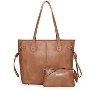 tote bag for women brown ladies designer purses and handbags vegan leather top handle shoulder satchel hobo bag with coin purse, 2pcs set mwc2-087br