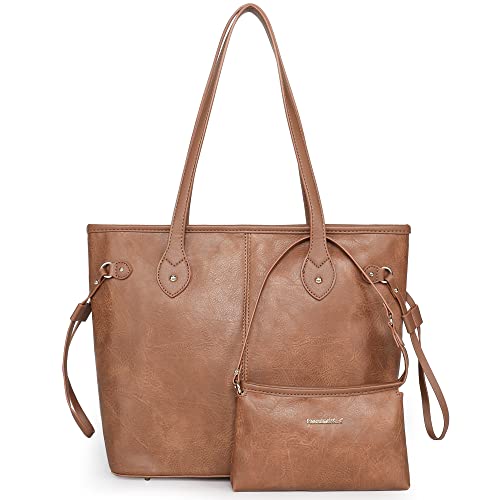 Tote Bag for Women Brown Ladies Designer Purses and Handbags Vegan Leather Top Handle Shoulder Satchel Hobo Bag with Coin Purse, 2PCS Set MWC2-087BR