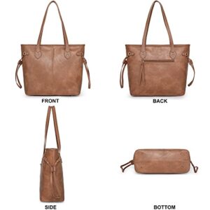 Tote Bag for Women Brown Ladies Designer Purses and Handbags Vegan Leather Top Handle Shoulder Satchel Hobo Bag with Coin Purse, 2PCS Set MWC2-087BR