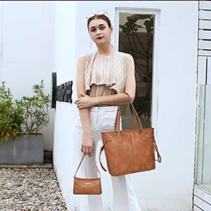 Tote Bag for Women Brown Ladies Designer Purses and Handbags Vegan Leather Top Handle Shoulder Satchel Hobo Bag with Coin Purse, 2PCS Set MWC2-087BR