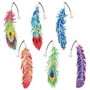 feather bookmark diamond painting kit – pigpigboss 6 pack diy acrylic bookmark with tassel floral bookmark diamond painting art feather bookmark diamond dots for adult kid