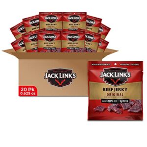 jack link’s beef jerky, original, multipack bags – flavorful meat snack for lunches, ready to eat – 7g of protein, made with premium beef, no added msg** – 0.625 oz (pack of 20)