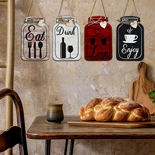 Yalikop 4 Pcs, Wall Decor Eat Drink Enjoy Love Wood Sign Mason Jar Shaped Wooden Rustic Home Decor for Home Kitchen Dining Room Bar Cafe Decor (White, Brick Red, Light Brown, Black, Retro Style)