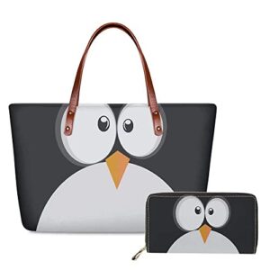 allinterest cute penguin printed women 2pcs handbag set satchel bag pu leather wallet large top handle tote bag