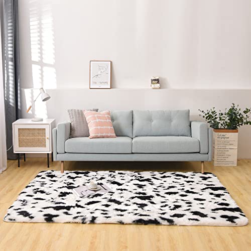 Aimuan Cute Cow Print Rug Fun Faux Cowhide Area Rug Animal Hide Carpet Fun Faux Cowhide Area Rug Nice for Nursery Decorating Kids Room (White-Black, 4x6)