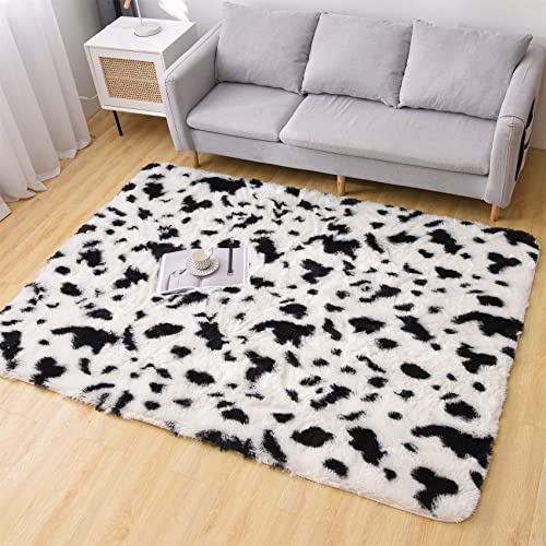 Aimuan Cute Cow Print Rug Fun Faux Cowhide Area Rug Animal Hide Carpet Fun Faux Cowhide Area Rug Nice for Nursery Decorating Kids Room (White-Black, 4x6)