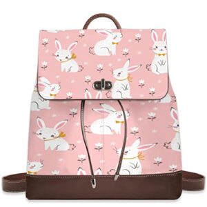 Cute Rabbit PU Leather Backpack Purse, Bunny Flower Shoulder Rucksack College School Bookbag Travel Daypack for Women Ladies