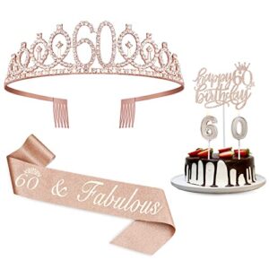 60th birthday decorations women, including 60th birthday crown/tiara, sash, cake topper and candles, 60th birthday gifts for women