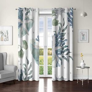 nautical coastal window curtain beach ocean themed 50% light blocking curtains starfish seaweed room darkening curtains grommet window drapes for bedroom living room, 2 panels, 52″ x 63″