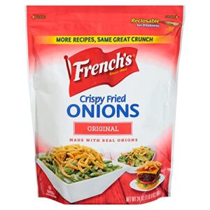 french’s original crispy fried onions, 24 oz – one 24 ounce bag of crunchy fried onions to sprinkle on salads, potatoes, chicken, burgers and green bean casseroles
