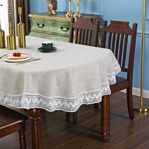 linen oval tablecloth with white lace for dining room table heavy duty table cover fabric small oval 52 x 70 inches