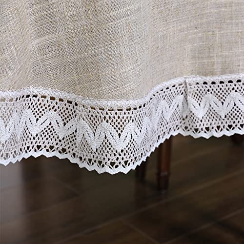 Linen Oval Tablecloth with White Lace for Dining Room Table Heavy Duty Table Cover Fabric Small Oval 52 x 70 inches