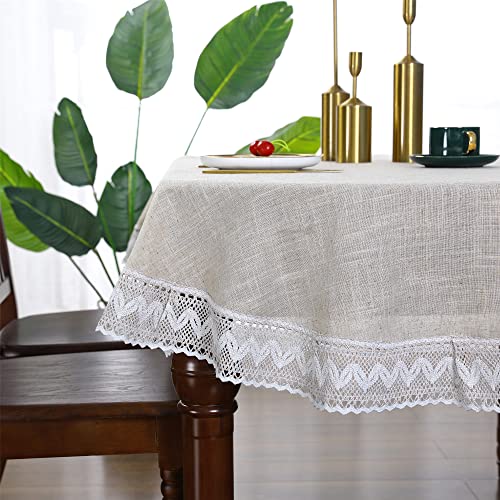 Linen Oval Tablecloth with White Lace for Dining Room Table Heavy Duty Table Cover Fabric Small Oval 52 x 70 inches