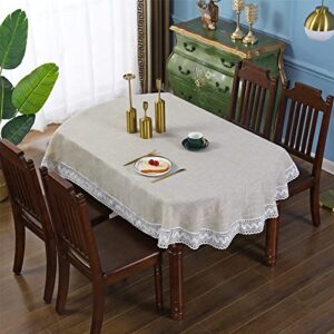 Linen Oval Tablecloth with White Lace for Dining Room Table Heavy Duty Table Cover Fabric Small Oval 52 x 70 inches