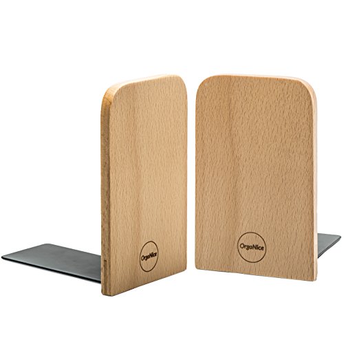 OrgaNice Beech Wood Bookends - Hand Crafted Design - Non-Skid and Padded Feet - Sturdy and Dependable - Gift-Ready Packaging [2 Units]