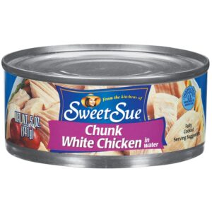 sweet sue chunk white chicken in water, 5 oz can (pack of 24) – 11g protein per serving – gluten free, keto friendly – great for snack, lunch or dinner recipes