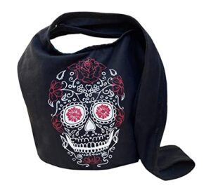 fully lined sugar skull hippie hobo sling crossbody bag – outside phone pocket, metal zippers, wide lined shoulder strap