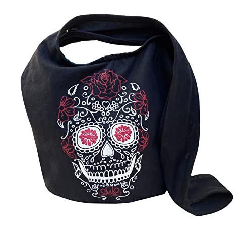 Fully Lined Sugar Skull Hippie Hobo Sling Crossbody Bag - Outside Phone Pocket, Metal Zippers, Wide Lined Shoulder Strap