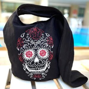 Fully Lined Sugar Skull Hippie Hobo Sling Crossbody Bag - Outside Phone Pocket, Metal Zippers, Wide Lined Shoulder Strap