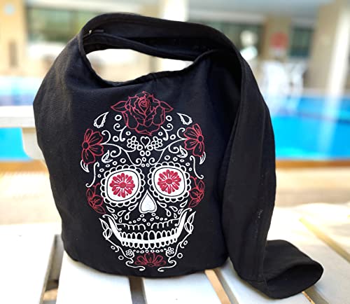 Fully Lined Sugar Skull Hippie Hobo Sling Crossbody Bag - Outside Phone Pocket, Metal Zippers, Wide Lined Shoulder Strap