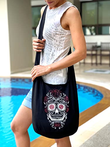 Fully Lined Sugar Skull Hippie Hobo Sling Crossbody Bag - Outside Phone Pocket, Metal Zippers, Wide Lined Shoulder Strap