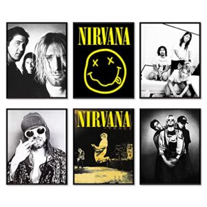 pictures nirvana poster – 6 pcs 8 x 10 inches frameless music retro rock home decor band living room aesthetic decor-aesthetics male female fans, white