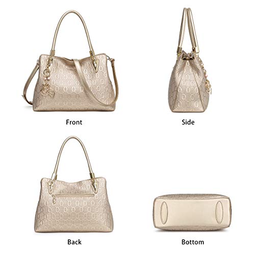 Leather Handbags for Women, Split Cowhide Lock Chain Pattern Ladies Top-handle Bag with Adjustable Shoulder Strap Women's Pocketbooks Tote Bag Womens Leather Crossbody Purses and Handbags (Gold)