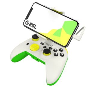 riotpwr esl gaming controller for ios iphone – wired gamepad with triggers, power pass through charging, d-pad & headphone socket – handheld game console accessory with zerog mobile device holder