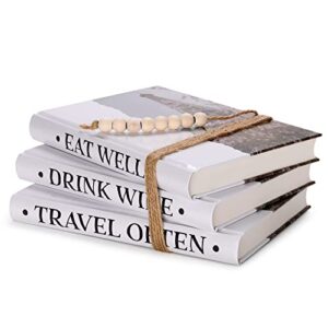 khatee decorative books for home decor – cherry blossom design – stacked faux books for decoration with rope & beads – rustic farmhouse decor for table, shelf, mantel – 3-piece white book decor set
