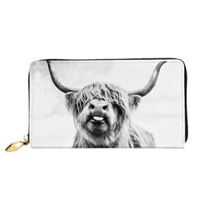fashion black and white highland cow animals genuine leather wallet zip around card holder organizer clutch wallet large capacity purse phone bag gifts for men women adult