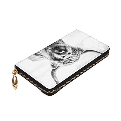 Fashion Black And White Highland Cow Animals Genuine Leather Wallet Zip Around Card Holder Organizer Clutch Wallet Large Capacity Purse Phone Bag Gifts For Men Women Adult