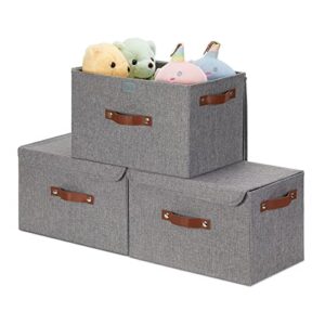 storage bins with lids 3 pack,wlfrhd fabric storage baskets for shelves,collapsible storage boxes with lids decorative fabric storage bins 15″x10″x10″,closet storage organizer containers for home bedroom nursery toy,grey